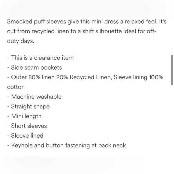 NWT Boden linen Black Puff Sleeve detail mini Dress smocked size 6 TALL - Picture 6 of 8